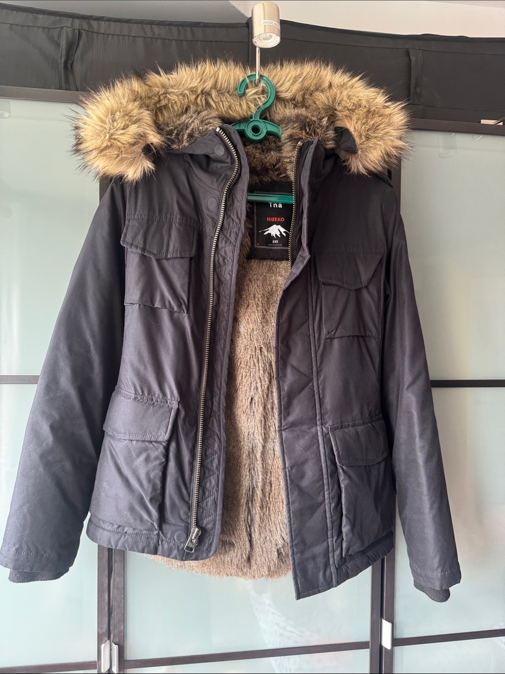 TNA NISEKO Black Jacket with Tan Faux Fur Trim and lining